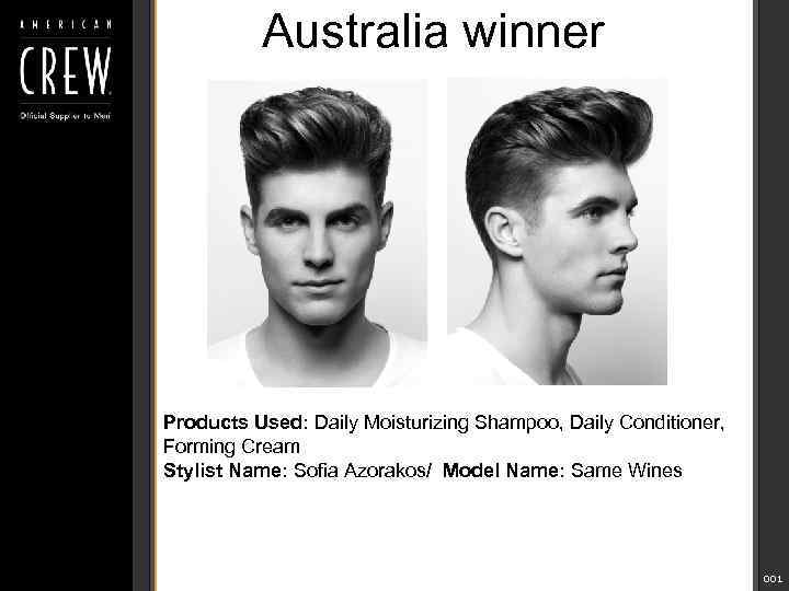 Australia winner Products Used: Daily Moisturizing Shampoo, Daily Conditioner, Forming Cream Stylist Name: Sofia