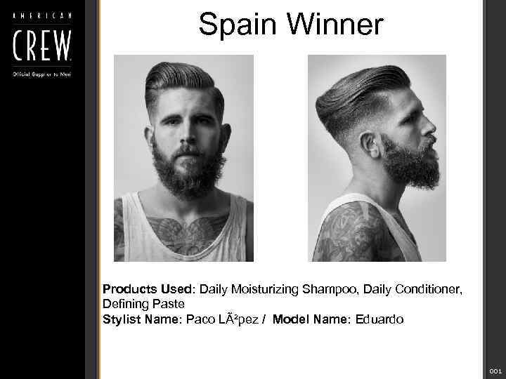 Spain Winner Products Used: Daily Moisturizing Shampoo, Daily Conditioner, Defining Paste Stylist Name: Paco