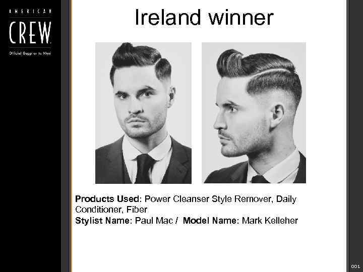 Ireland winner Products Used: Power Cleanser Style Remover, Daily Conditioner, Fiber Stylist Name: Paul