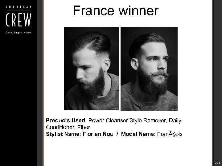 France winner Products Used: Power Cleanser Style Remover, Daily Conditioner, Fiber Stylist Name: Florian