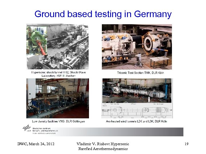 Ground based testing in Germany DWC, March 24, 2012 Vladimir V. Riabov: Hypersonic Rarefied