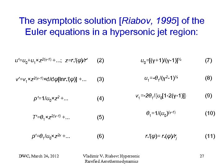 The asymptotic solution [Riabov, 1995] of the Euler equations in a hypersonic jet region: