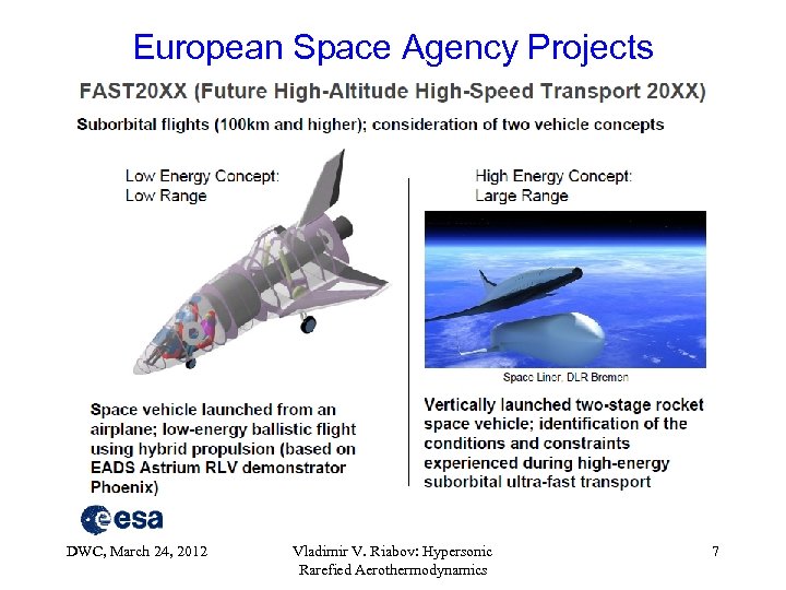 European Space Agency Projects DWC, March 24, 2012 Vladimir V. Riabov: Hypersonic Rarefied Aerothermodynamics