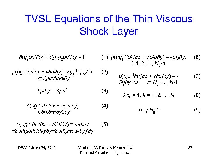 TVSL Equations of the Thin Viscous Shock Layer ∂(g 2ρu)/∂x + ∂(g 1 g