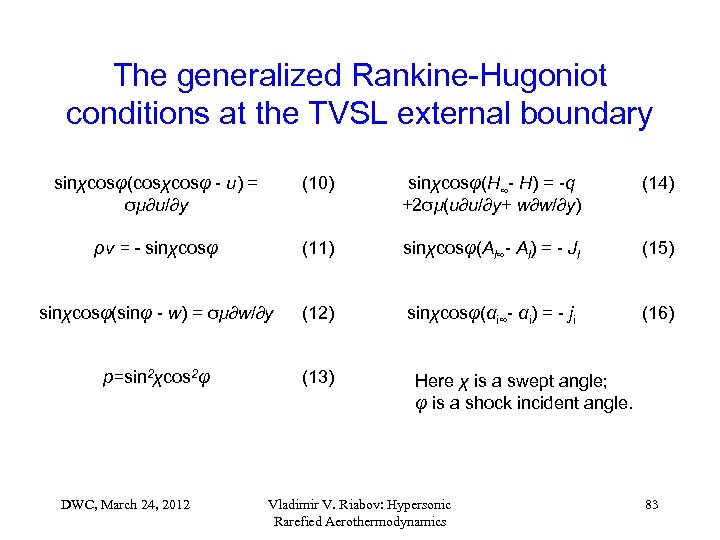 The generalized Rankine-Hugoniot conditions at the TVSL external boundary sinχcosφ(cosχcosφ - u) = σμ∂u/∂y