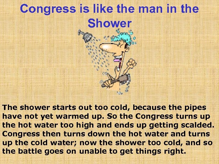 Congress is like the man in the Shower The shower starts out too cold,