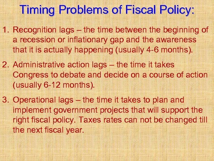 Timing Problems of Fiscal Policy: 1. Recognition lags – the time between the beginning