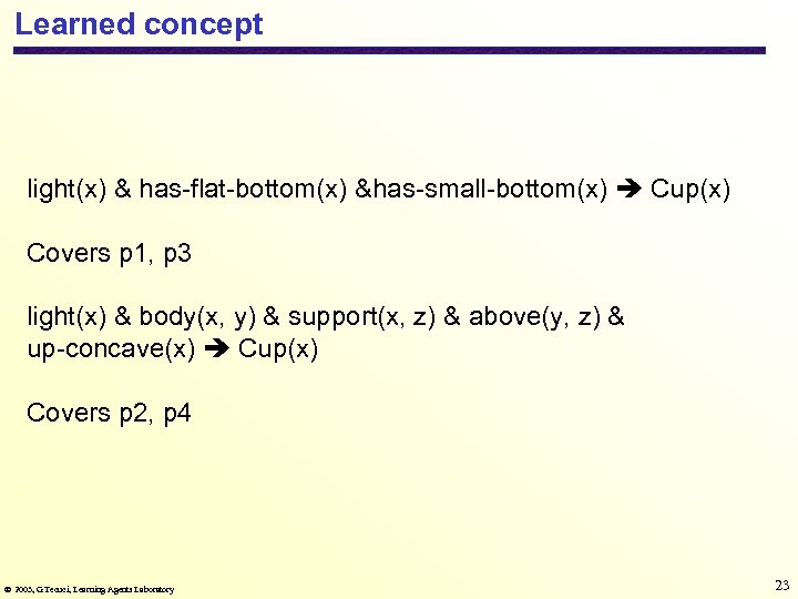 Learned concept light(x) & has-flat-bottom(x) &has-small-bottom(x) Cup(x) Covers p 1, p 3 light(x) &