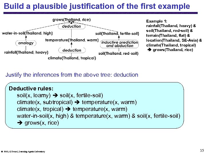Build a plausible justification of the first example Example 1: rainfall(Thailand, heavy) & soil(Thailand,
