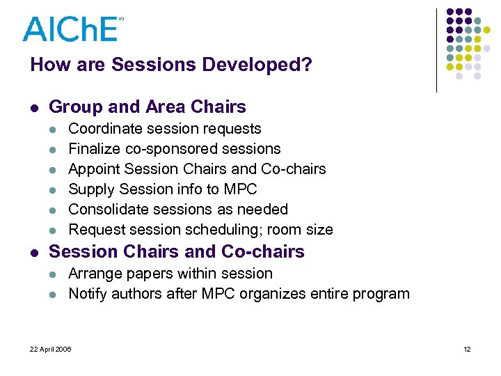 How are Sessions Developed? l Group and Area Chairs l l l l Coordinate