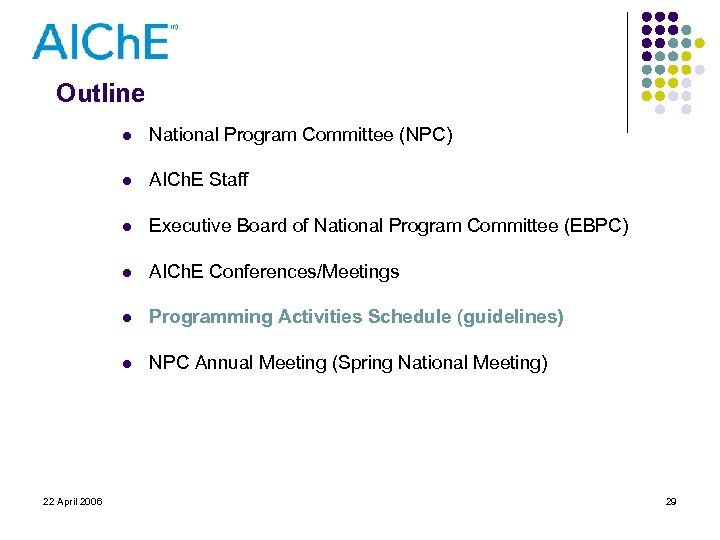 Outline l l AICh. E Staff l Executive Board of National Program Committee (EBPC)