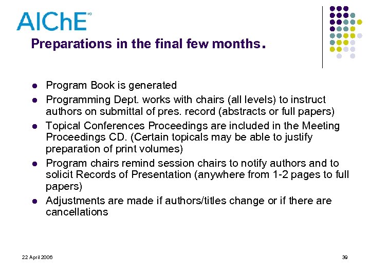 Preparations in the final few months. l l l Program Book is generated Programming