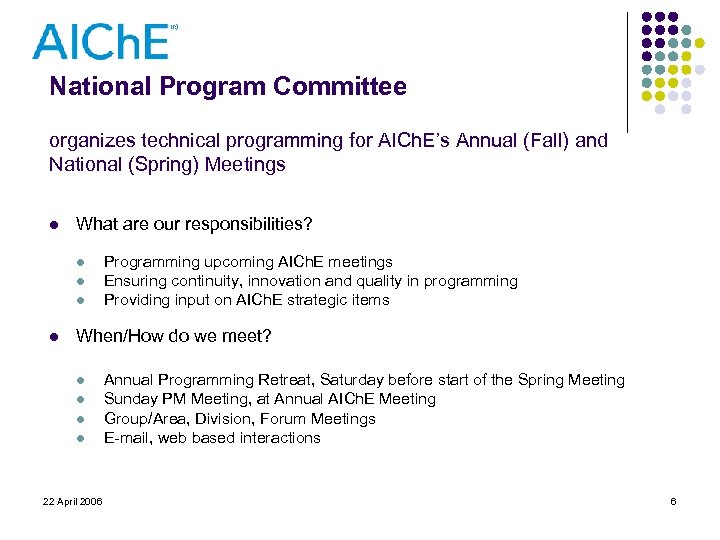 National Program Committee organizes technical programming for AICh. E’s Annual (Fall) and National (Spring)