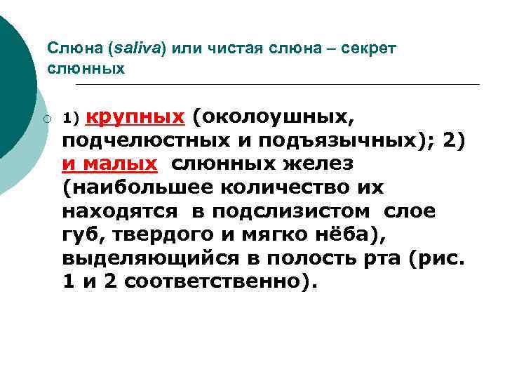 Слюна (saliva) или чистая слюна – секрет слюнных ¡ крупных (околоушных, подчелюстных и подъязычных);