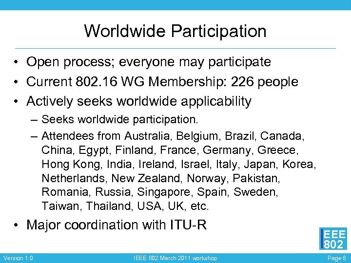 Worldwide Participation • Open process; everyone may participate • Current 802. 16 WG Membership: