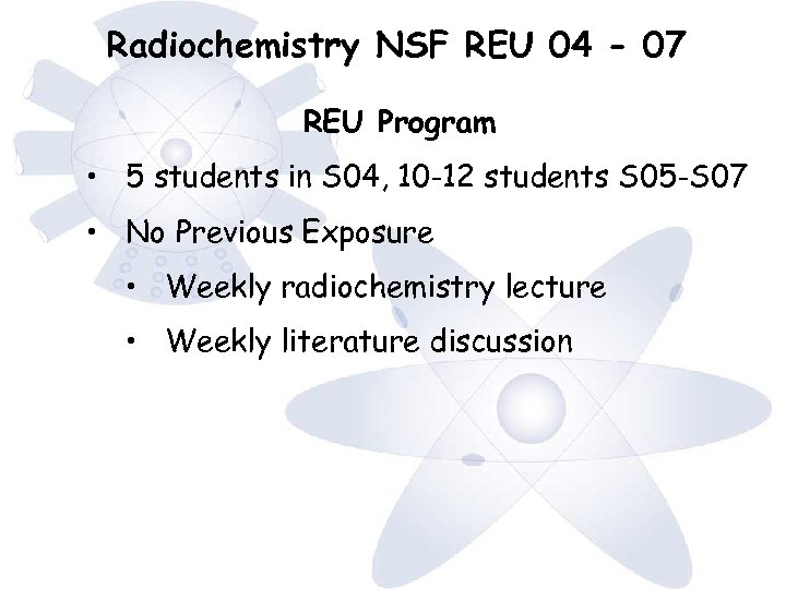 Radiochemistry NSF REU 04 - 07 REU Program • 5 students in S 04,