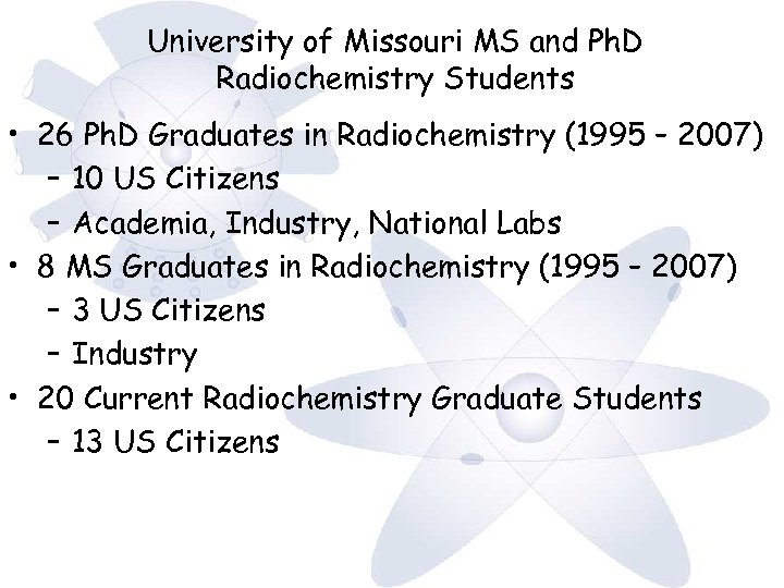 University of Missouri MS and Ph. D Radiochemistry Students • 26 Ph. D Graduates