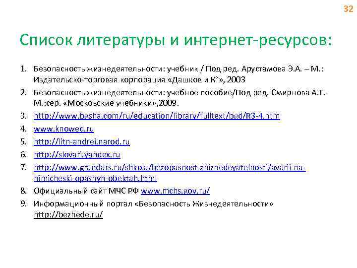 32 Список литературы и интернет-ресурсов: 1. Безопасность жизнедеятельности: учебник / Под ред. Арустамова Э.