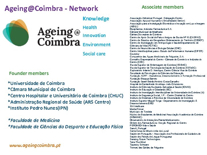 Ageing@Coimbra - Network Knowledge Health Innovation Environment Social care Founder members *Universidade de Coimbra