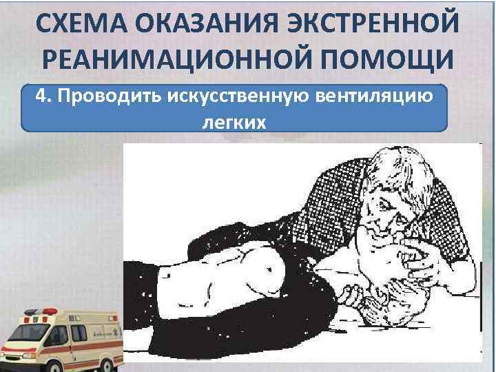 СХЕМА ОКАЗАНИЯ ЭКСТРЕННОЙ РЕАНИМАЦИОННОЙ ПОМОЩИ 4. Проводить искусственную вентиляцию легких 