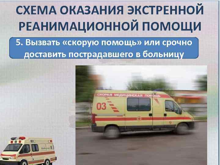 СХЕМА ОКАЗАНИЯ ЭКСТРЕННОЙ РЕАНИМАЦИОННОЙ ПОМОЩИ 5. Вызвать «скорую помощь» или срочно доставить пострадавшего в
