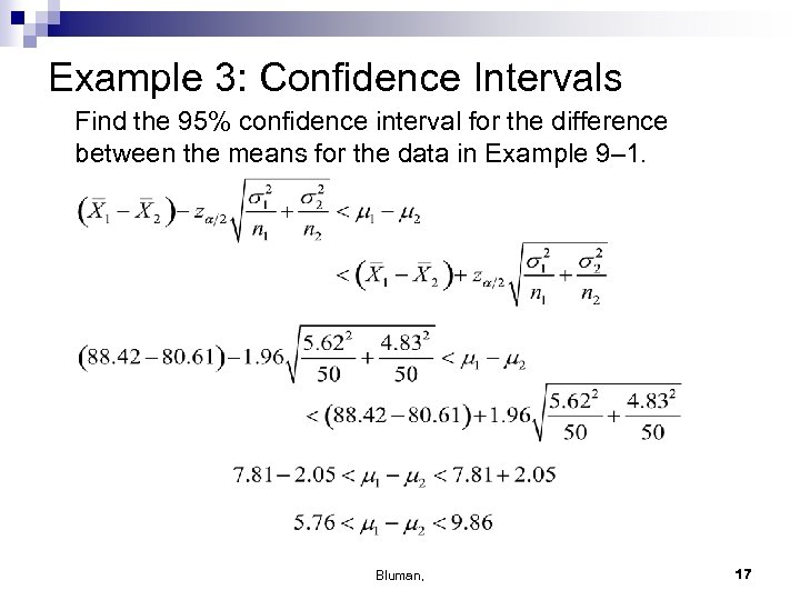 Example 3: Confidence Intervals Find the 95% confidence interval for the difference between the