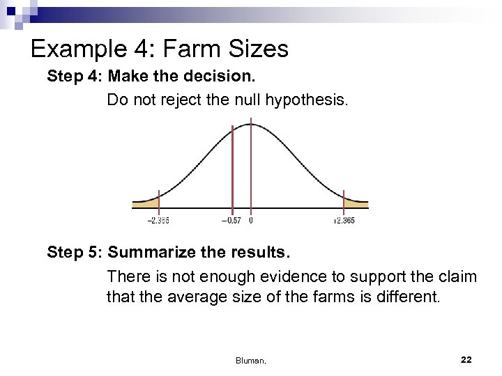 Example 4: Farm Sizes Step 4: Make the decision. Do not reject the null