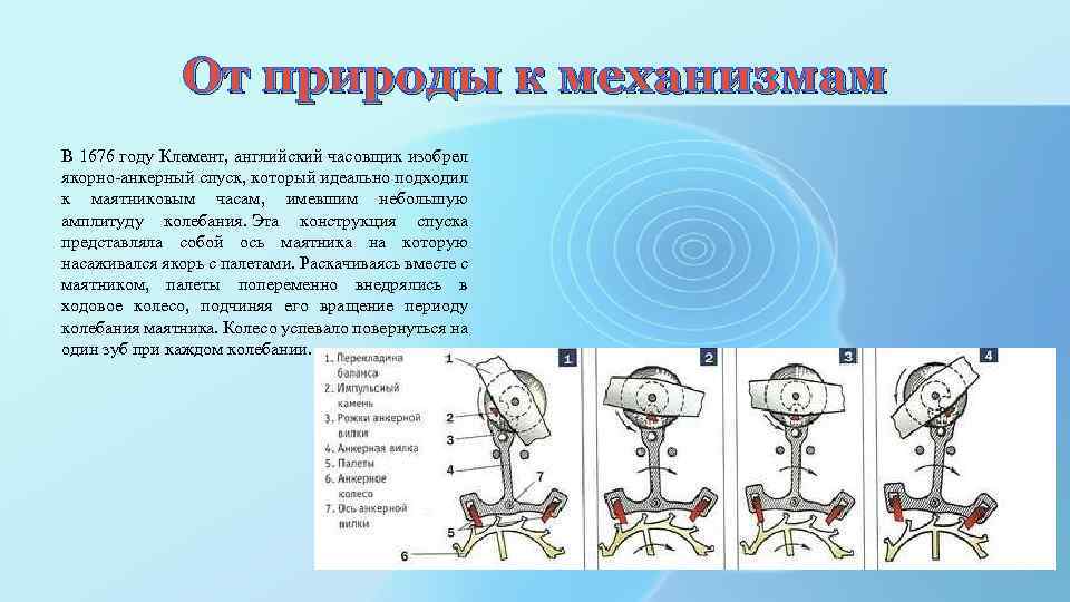 От природы к механизмам В 1676 году Клемент, английский часовщик изобрел якорно-анкерный спуск, который