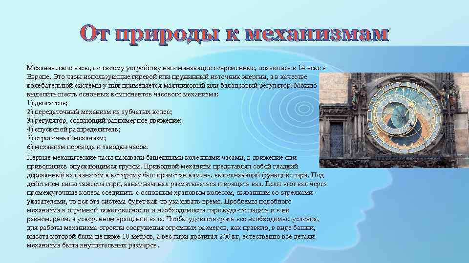 От природы к механизмам Механические часы, по своему устройству напоминающие современные, появились в 14