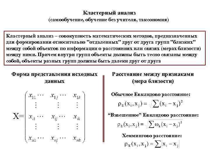 Кластерный анализ (самообучение, обучение без учителя, таксономия) Кластерный анализ – совокупность математических методов, предназначенных