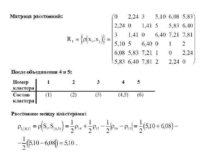 Матрица расстояний: После объединения 4 и 5: Расстояние между кластерами: 