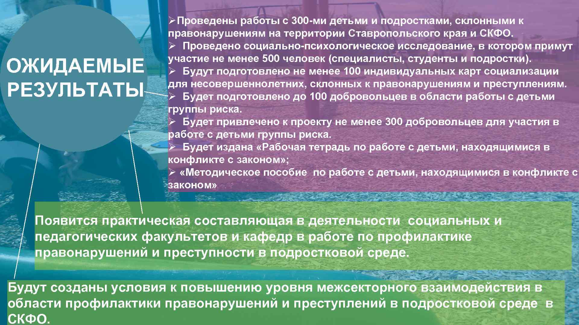 ОЖИДАЕМЫЕ РЕЗУЛЬТАТЫ ØПроведены работы с 300 -ми детьми и подростками, склонными к правонарушениям на