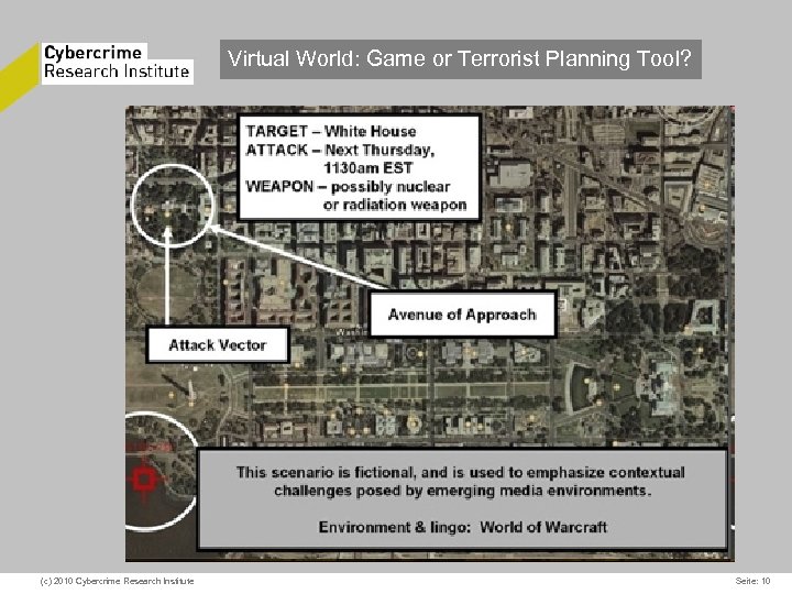 Virtual World: Game or Terrorist Planning Tool? (c) 2010 Cybercrime Research Institute Seite: 10