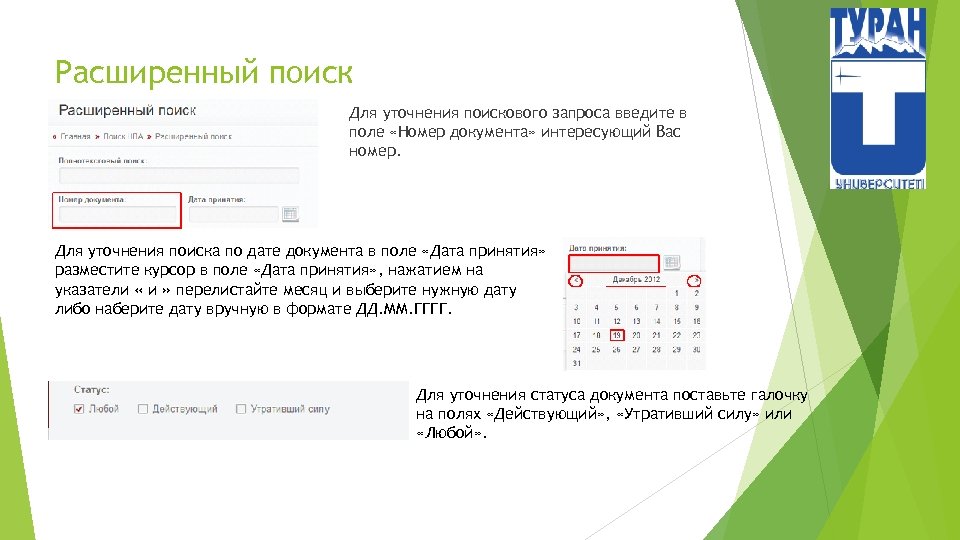 Расширенный поиск Для уточнения поискового запроса введите в поле «Номер документа» интересующий Вас номер.