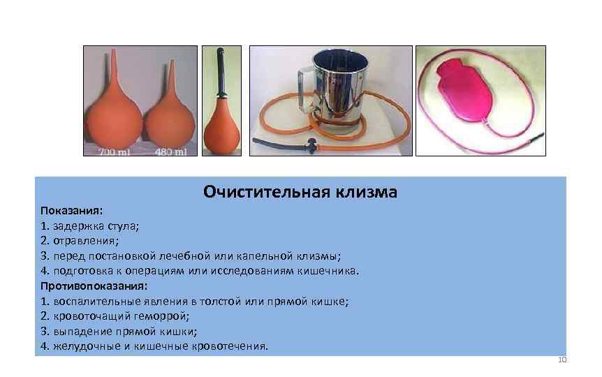 Очистительная клизма Показания: 1. задержка стула; 2. отравления; 3. перед постановкой лечебной или капельной