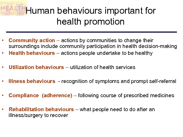 Human behaviours important for health promotion • Community action – actions by communities to