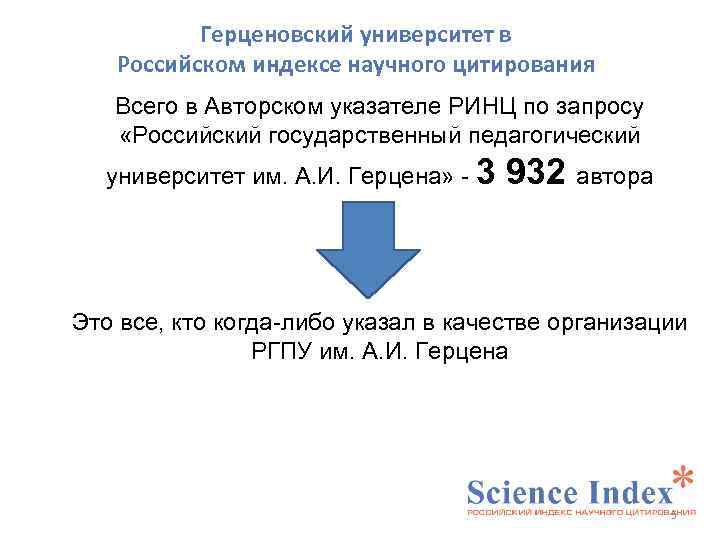 Герценовский университет в Российском индексе научного цитирования Всего в Авторском указателе РИНЦ по запросу