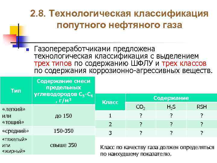 2. 8. Технологическая классификация попутного нефтяного газа n Газопереработчиками предложена технологическая классификация с выделением