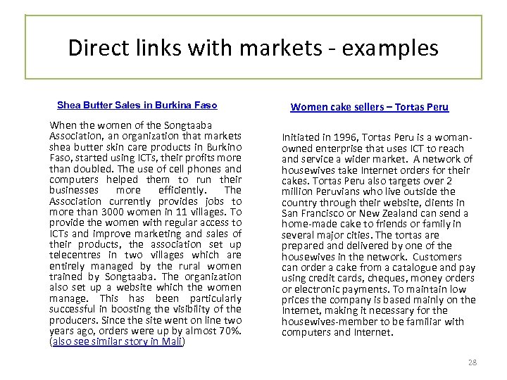 Direct links with markets - examples Shea Butter Sales in Burkina Faso When the