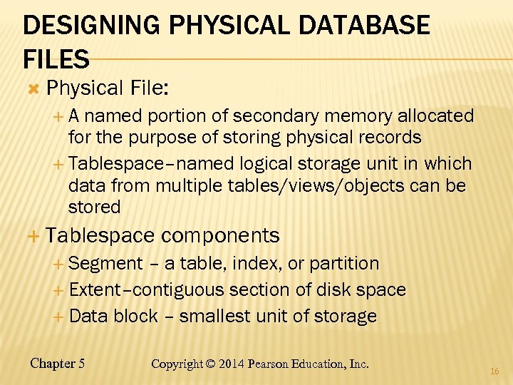 DESIGNING PHYSICAL DATABASE FILES Physical File: A named portion of secondary memory allocated for