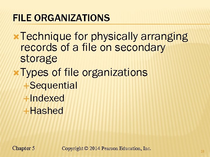 FILE ORGANIZATIONS Technique for physically arranging records of a file on secondary storage Types