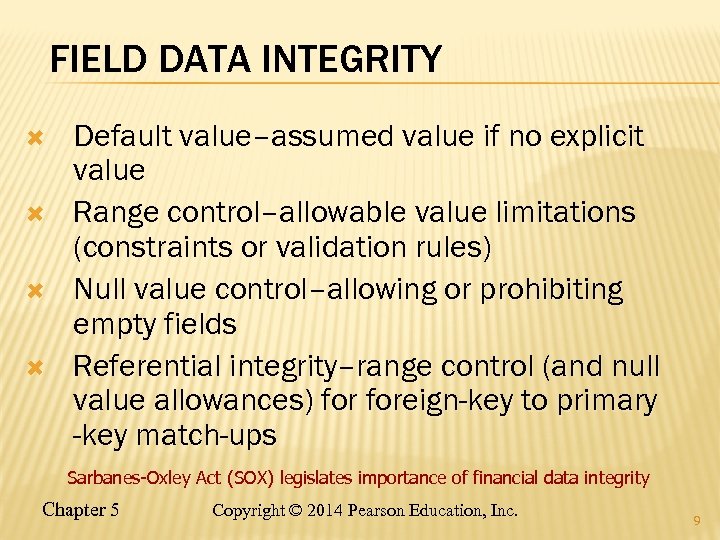 FIELD DATA INTEGRITY Default value–assumed value if no explicit value Range control–allowable value limitations