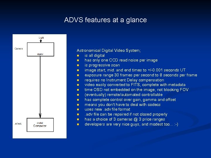 ADVS features at a glance Astronomical Digital Video System; n is all digital n