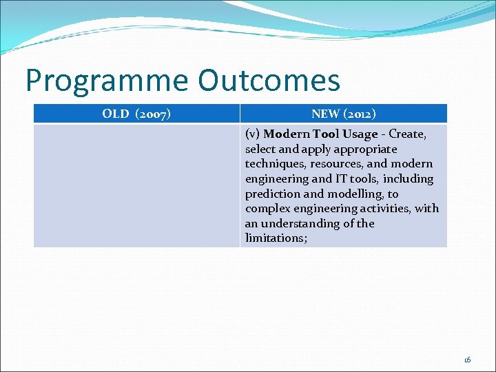 Programme Outcomes OLD (2007) NEW (2012) (v) Modern Tool Usage ‐ Create, select and