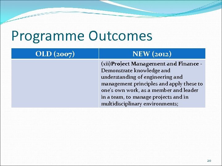 Programme Outcomes OLD (2007) NEW (2012) (xii)Project Management and Finance Demonstrate knowledge and understanding