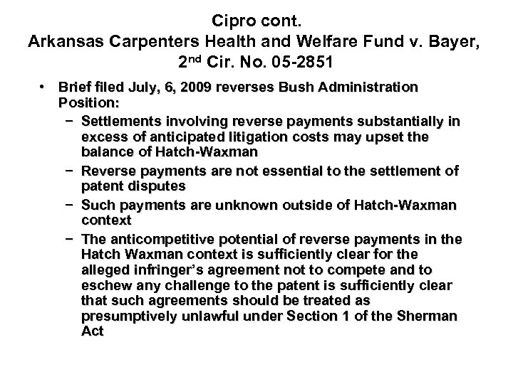 Cipro cont. Arkansas Carpenters Health and Welfare Fund v. Bayer, 2 nd Cir. No.
