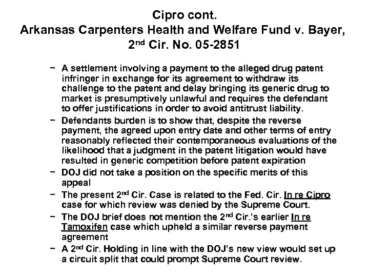 Cipro cont. Arkansas Carpenters Health and Welfare Fund v. Bayer, 2 nd Cir. No.