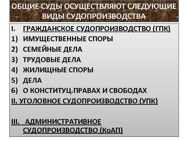 ОБЩИЕ СУДЫ ОСУЩЕСТВЛЯЮТ СЛЕДУЮЩИЕ ВИДЫ СУДОПРОИЗВОДСТВА I. ГРАЖДАНСКОЕ СУДОПРОИЗВОДСТВО (ГПК) 1) ИМУЩЕСТВЕННЫЕ СПОРЫ 2)