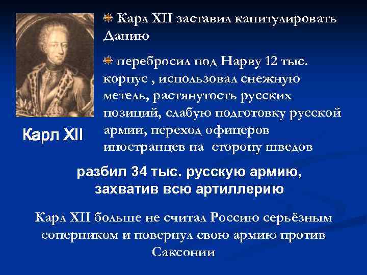 Карл XII заставил капитулировать Данию Карл XII перебросил под Нарву 12 тыс. корпус ,