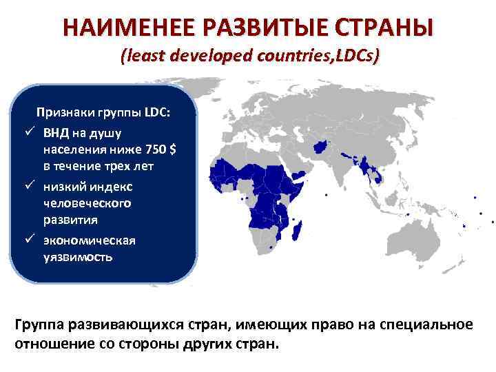 НАИМЕНЕЕ РАЗВИТЫЕ СТРАНЫ (least developed countries, LDCs) Признаки группы LDC: ü ВНД на душу